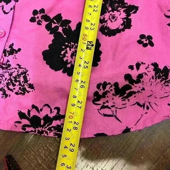 Roamans Womens Plus 14W Bright Fuchsia & Black Floral Cotton‎ Button Down Blouse - Picture 6 of 10